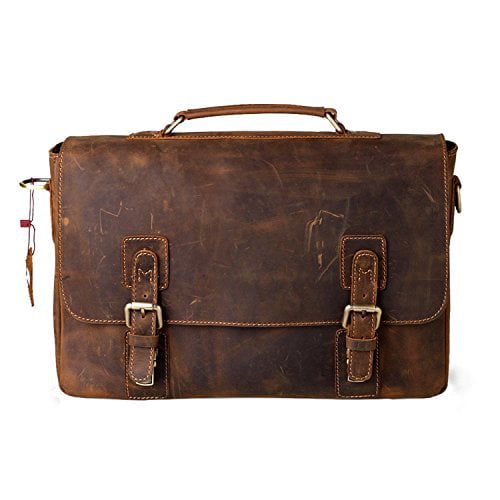 Men Twin Buckles Messenger Bags Crazy Horse Leather Laptop Briefcases College Students Satchels Dark Brown Brown 